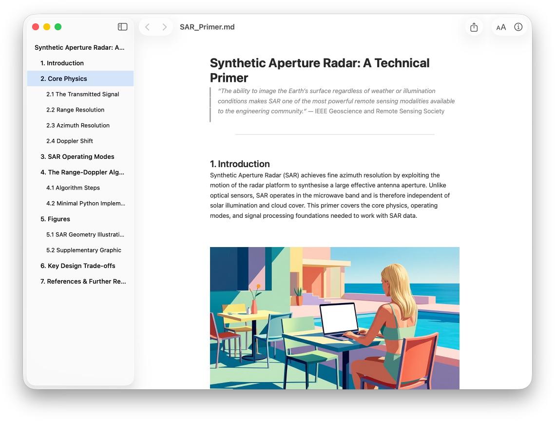 Markant showing a document with sidebar, images, code blocks, and rich formatting